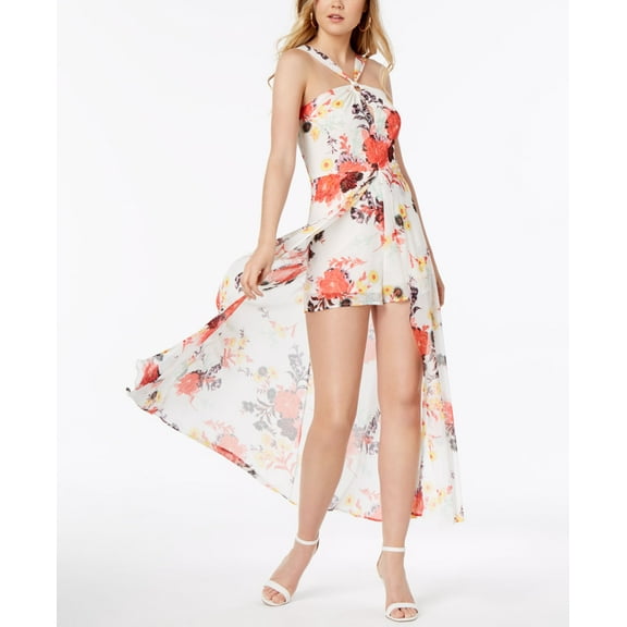 Material Girl Juniors Printed Romper With Sheer Overlay Maxi Skirt Floral Cloud Dancer XL