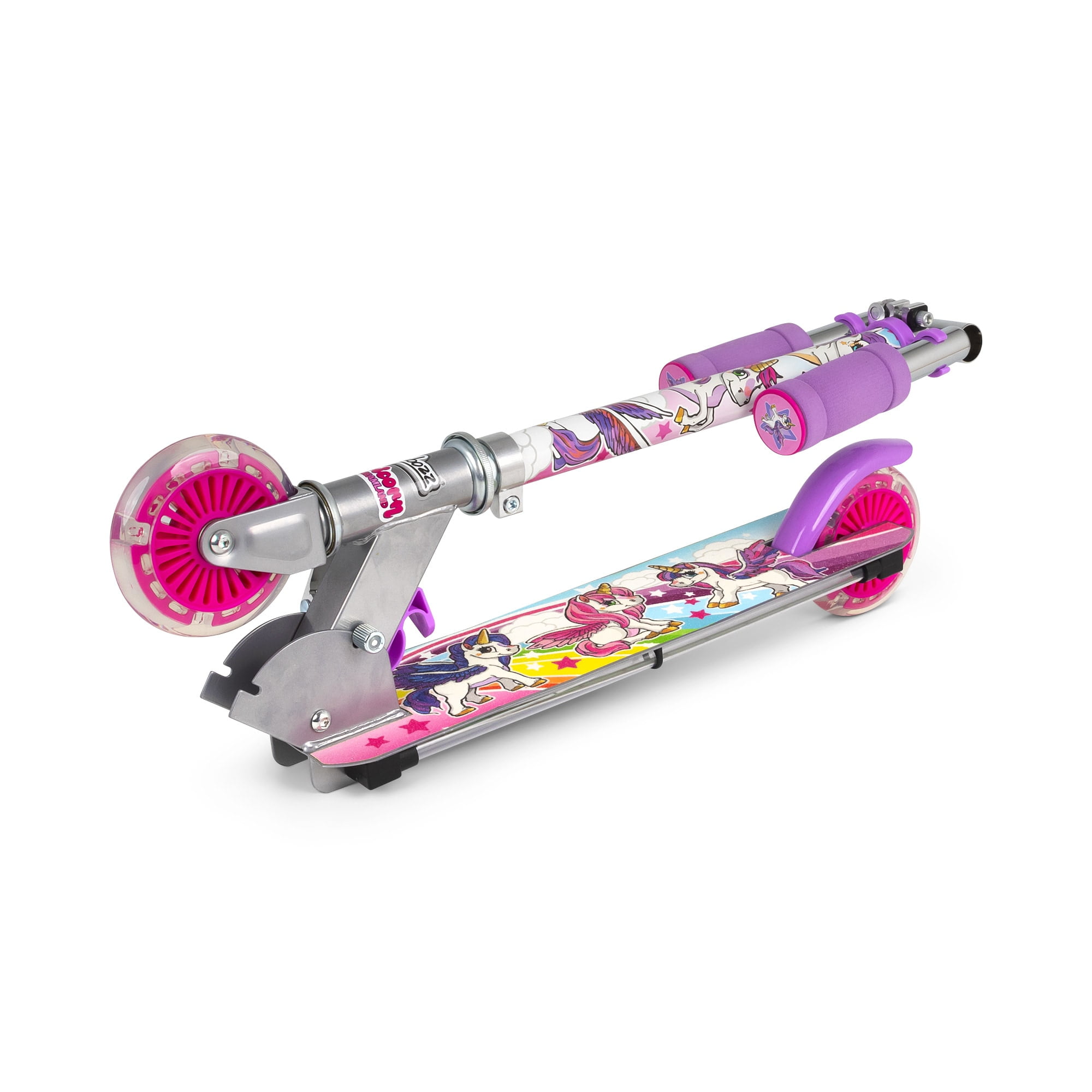 Ozbozz: Flashing Scooter - Unicorn - Light-Up Wheels, Adjustable Height, 2 Wheel Outdoor Ride-On, Foam Handles, Foldable, 100lb Limit, Kids 5+