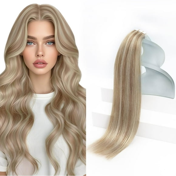 Sunny Hair Rallonges de Cheveux à Ruban dans les Cheveux Humains Rallonges Invisibles à Ruban dans les Cheveux 20 Pcs Rallonges Lisses Remy Véritables Cheveux Humains pour Femmes Blond Cendré Chaud Mèches Blond Délavé 14 Pouces