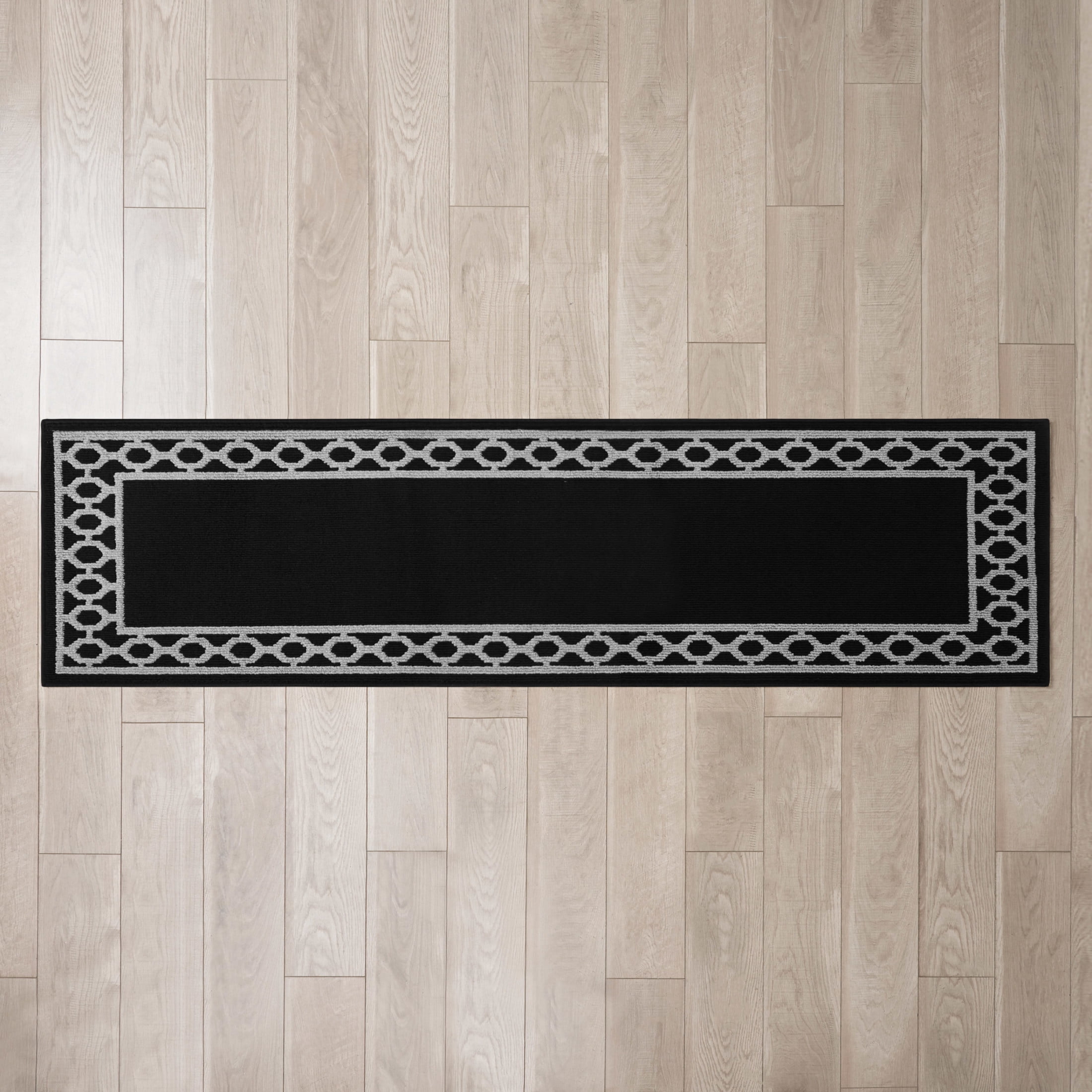 Washable Skid-Resistant Runner Rug, Trellis Border , Black and Twisted Grey , 26" x 96"
