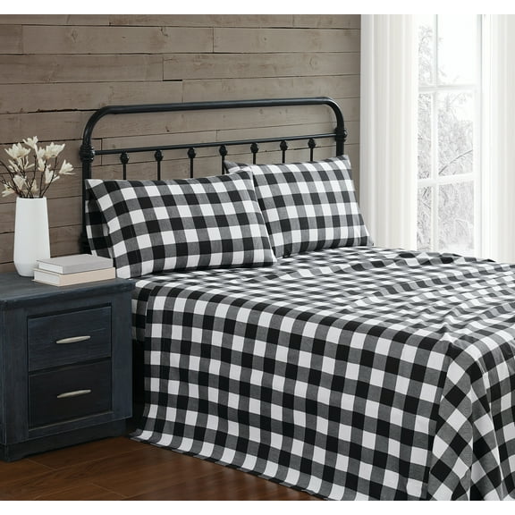 Truly Soft Buffalo Check Flannel 100% Cotton Deep Pocket 3 Piece Twin Sheet Set in White and Black, All Season, Adult Size, OEKO-TEX Certified