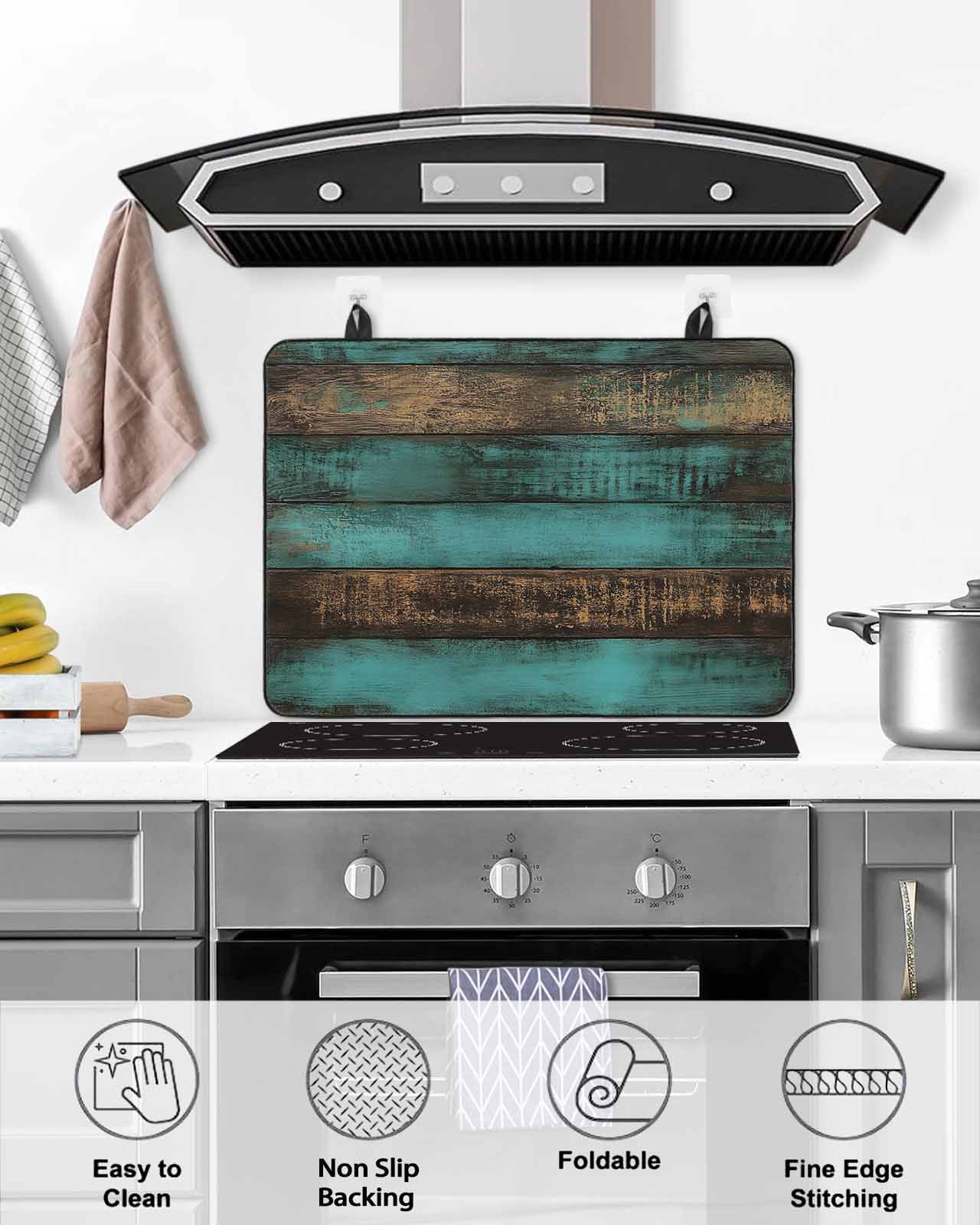 nqOlkjepod Large Induction Cooktop Protector Mat 36"x21", Vintage Teal Stripe Stove Top Covers for Electric Stove, Farmhouse Shabby Turquoise Stove Burner Cover Mats, Glass Top Stove Cover