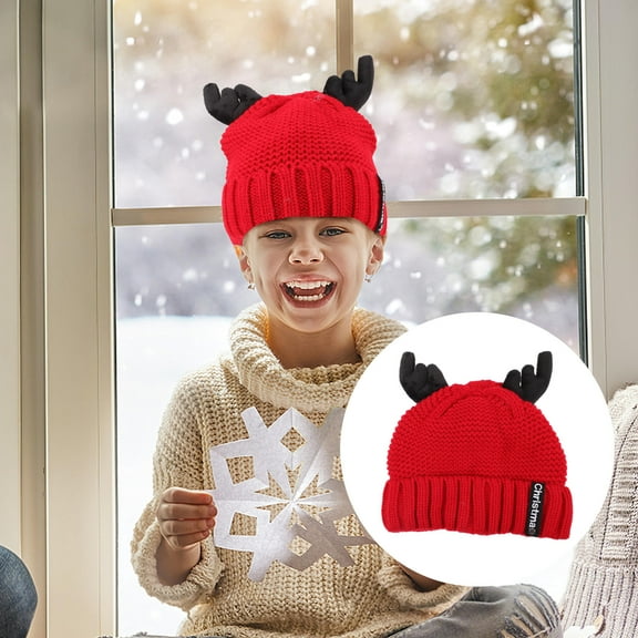 Niceauty Knit Beanie Hat Woolen Yarn Antler Shape Red 1Pack for Seasonal Events