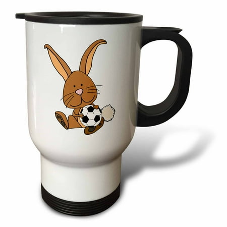 3drose, Funny Cool Brown Bunny Rabbit Playing Soccer Cartoon, 14oz Stainless Steel Travel Mug