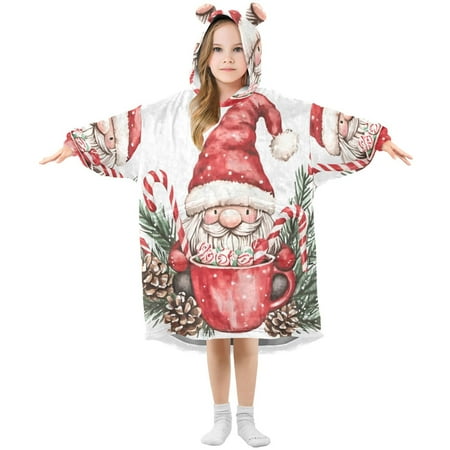 

joogoo Wearable Blanket Hoodie for Kids A Cute Christmas Gnome Flannel Oversized Sweatshirt 3-14 Years M