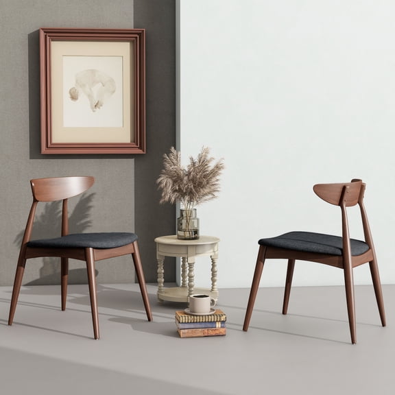 Set of 2 Retro Rubberwood Dining Chairs with Ergonomic Back Support and Plush Cushions for Kitchen Table Seating, Walnut and Charcoal Finish