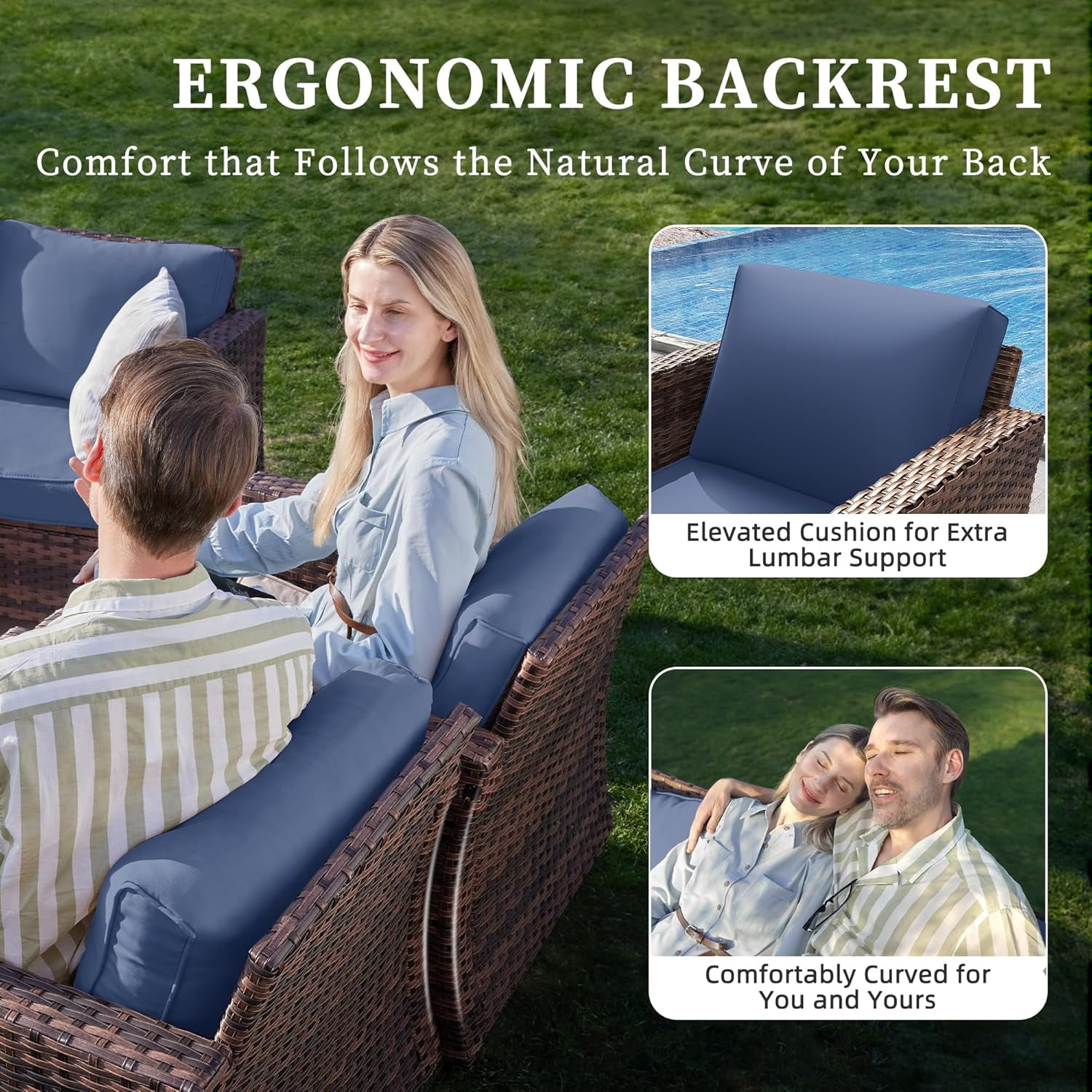 Ampatio 7 Pieces Patio Furniture Outdoor Conversation Set Rattan Wicker Outdoor Sectional Sofa with Swivel Chairs & Coffee Table, Navy Blue