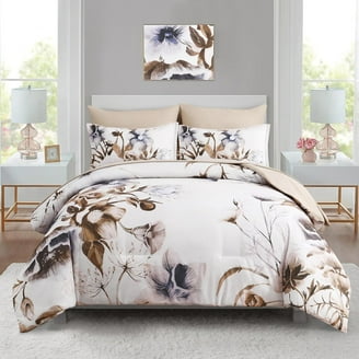 Luxudecor 7-Piece King Comforter Set - Sage Green Floral With Birds, Reversible, 104x90 Inches