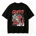 thumbnail image 2 of Men's Oversized Black T-Shirt with Graffiti Skull & Text Graphic, Loose Fit Grunge Streetwear Tee, 2 of 7