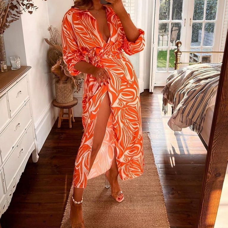 Elegant Floral Print Slit V Neck Printed Dresses Elegant Floral Print Slit V Neck Printed Dresses
