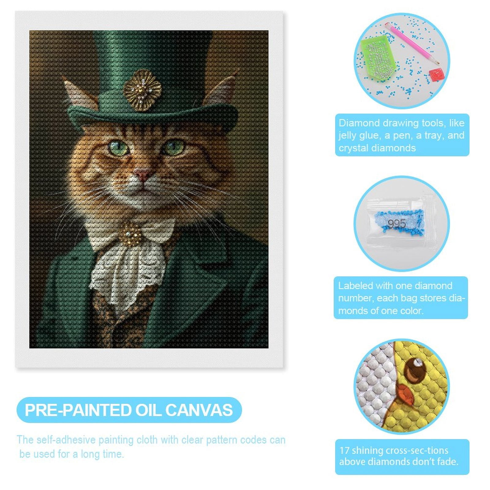 Diamond Art Kits for Adults, Cat In Green Hat And Suit 5D Diamond Painting Kits for Adults Beginners, DIY Full Drill Diamond Painting, Gem Art and Crafts 12x16