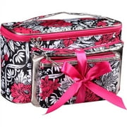 Modella Train Case Set Cosmetics Bag, Black and White with Pink Flowers Print, 3 Piece