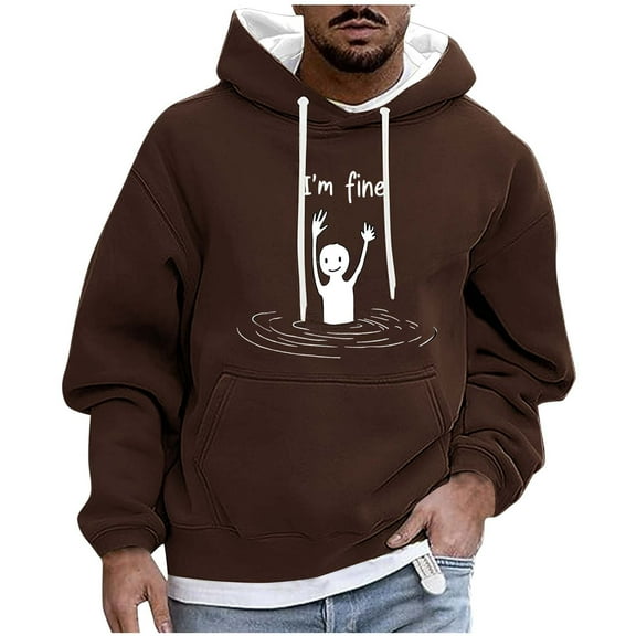 LpwkSSA Trendy Hoodies For Men Graphic Casual Fashion Drawstring Hooded Sweatshirts Round Neck Print Pullover Long Sleeve Hooded Sweatshirt Brown XXXL