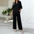 thumbnail image 4 of Cagogo Women Plus Size 2 Piece Set V Neck Long Sleeve Shirt Wide Leg Pants Casual Loose Outfits Solid Basic Matching Lounge Tracksuits Comfy Travel Airport Clothes, Black L, 4 of 7