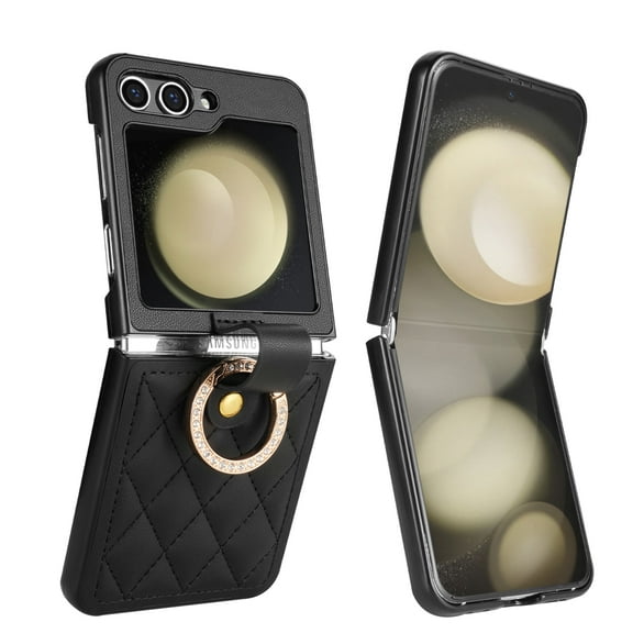 ELEHOLD Leather Case for Samsung Galaxy Z Flip 6, Luxury Slim Thin Cover with Bling Glitter Ring Holder,Black