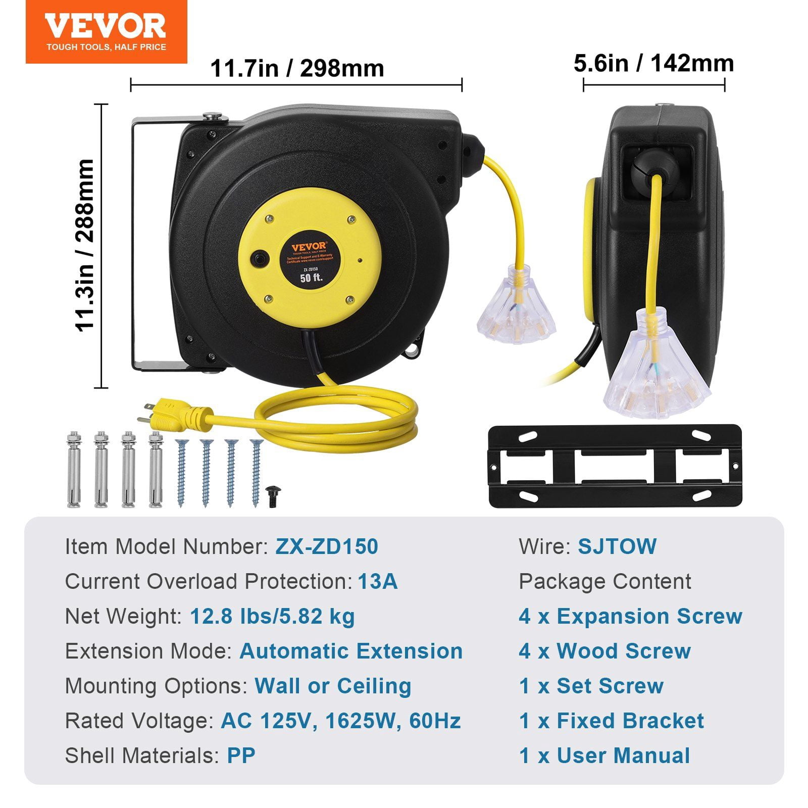 50FT Retractable Extension Cord Reel – 14AWG/3C Heavy Duty Power Cord w/ 3-Outlet Socket – Auto Rewind & Overload Protection (1625W, 13A, 125V)