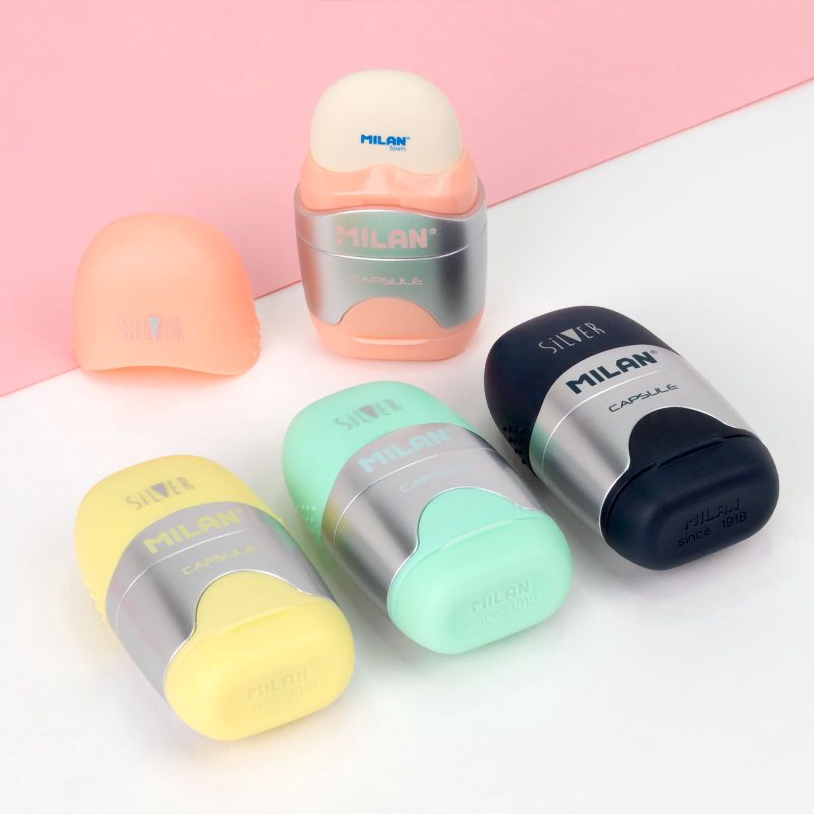 MILAN CAPSULE Silver Handheld Manual Pencil Sharpener with Eraser Comes with 2 Spare Erasers, Multicolor, New 2.5 in