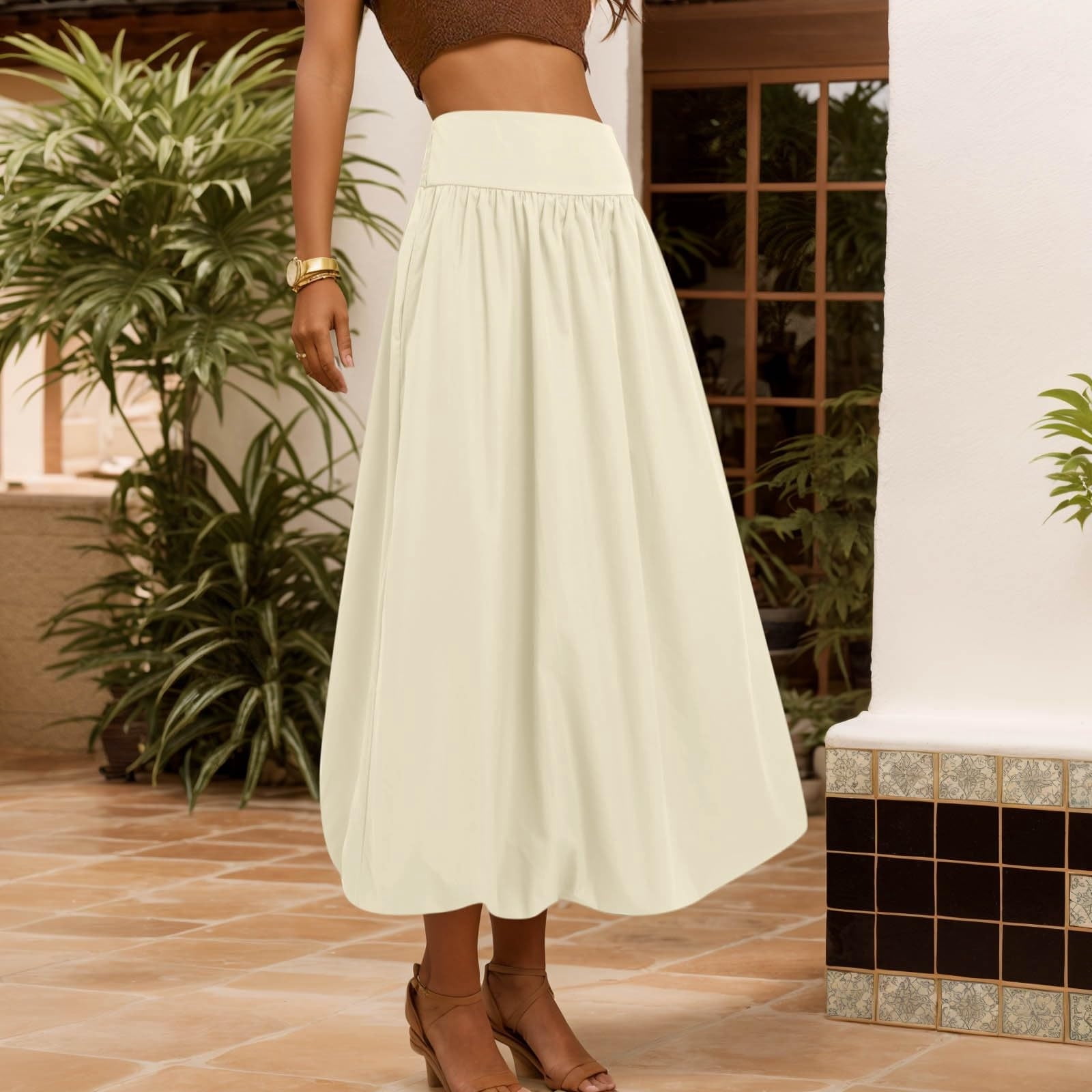 Women Bubble Maxi Skirt Summer Elastic High Waist a Line Long Skirt Casual Ruffle Pleated Midi Half Dress with Pockets Beige S