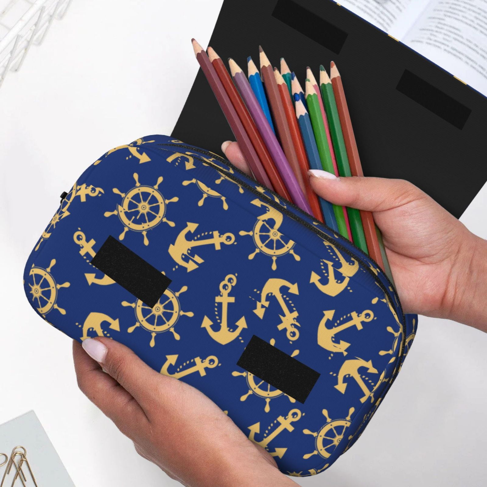 Rateoe Anchors and Nautical Pattern Double Clamshell Pen Case, Storage Organizer with Two Zipper Compartments– Holds Up to 50 Pencils & Pens