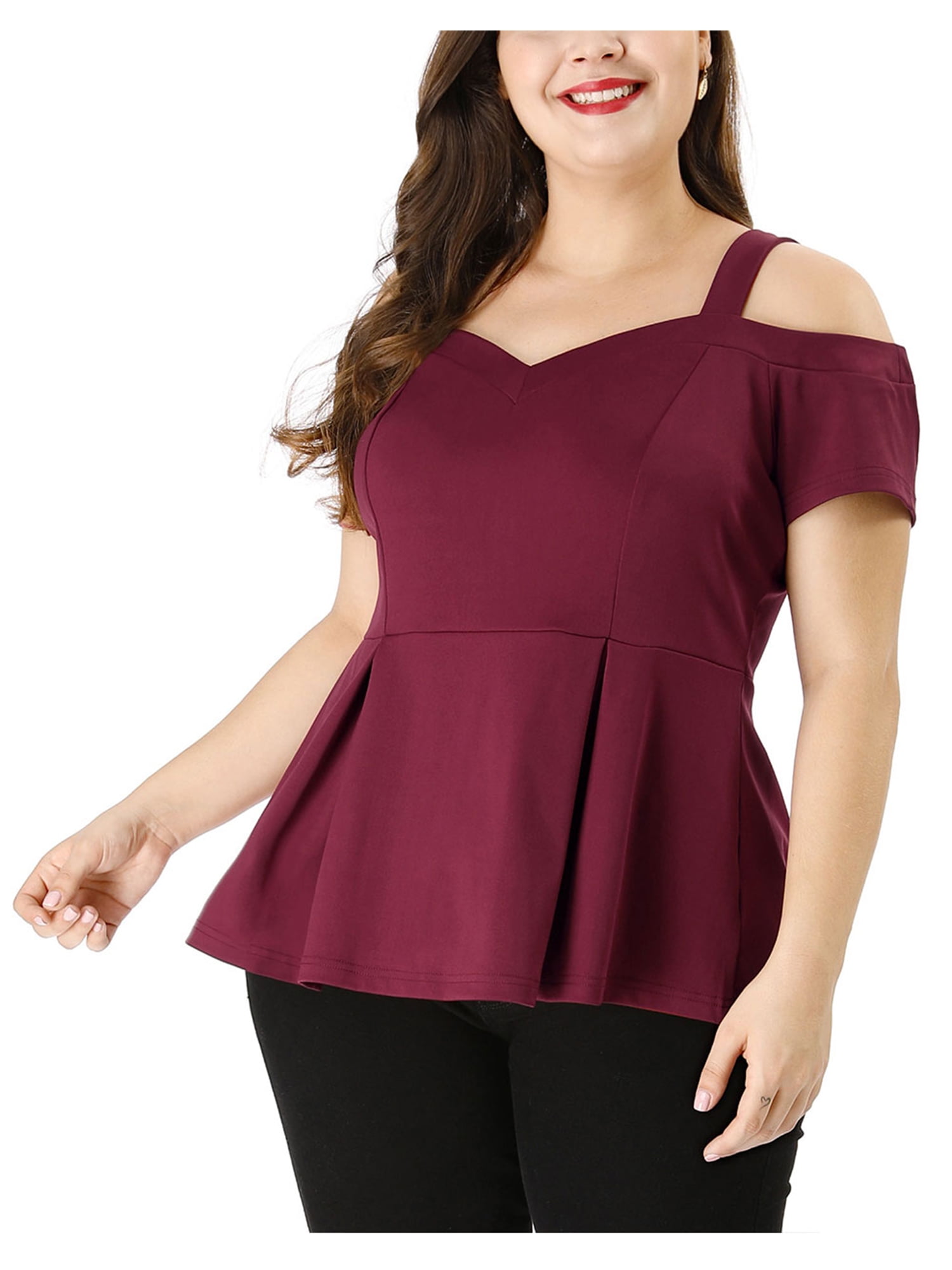 Agnes Orinda Juniors' Plus Size Solid Cold Shoulder Peplum Blouse Tops