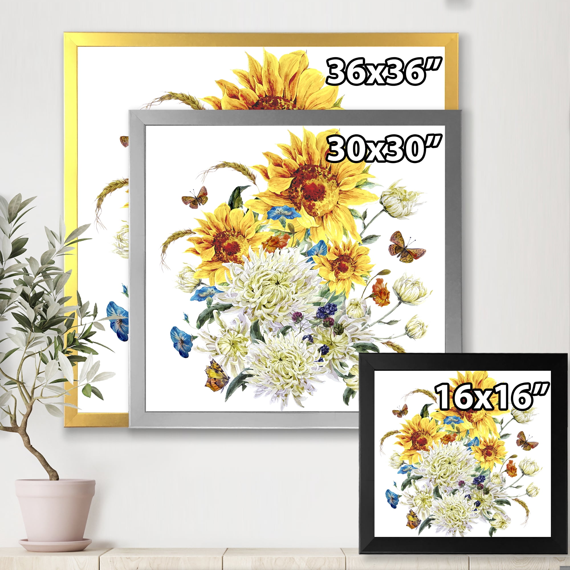 Designart 'Ancient Chrysanthemums and Sunflowers' Traditional Framed Art Print