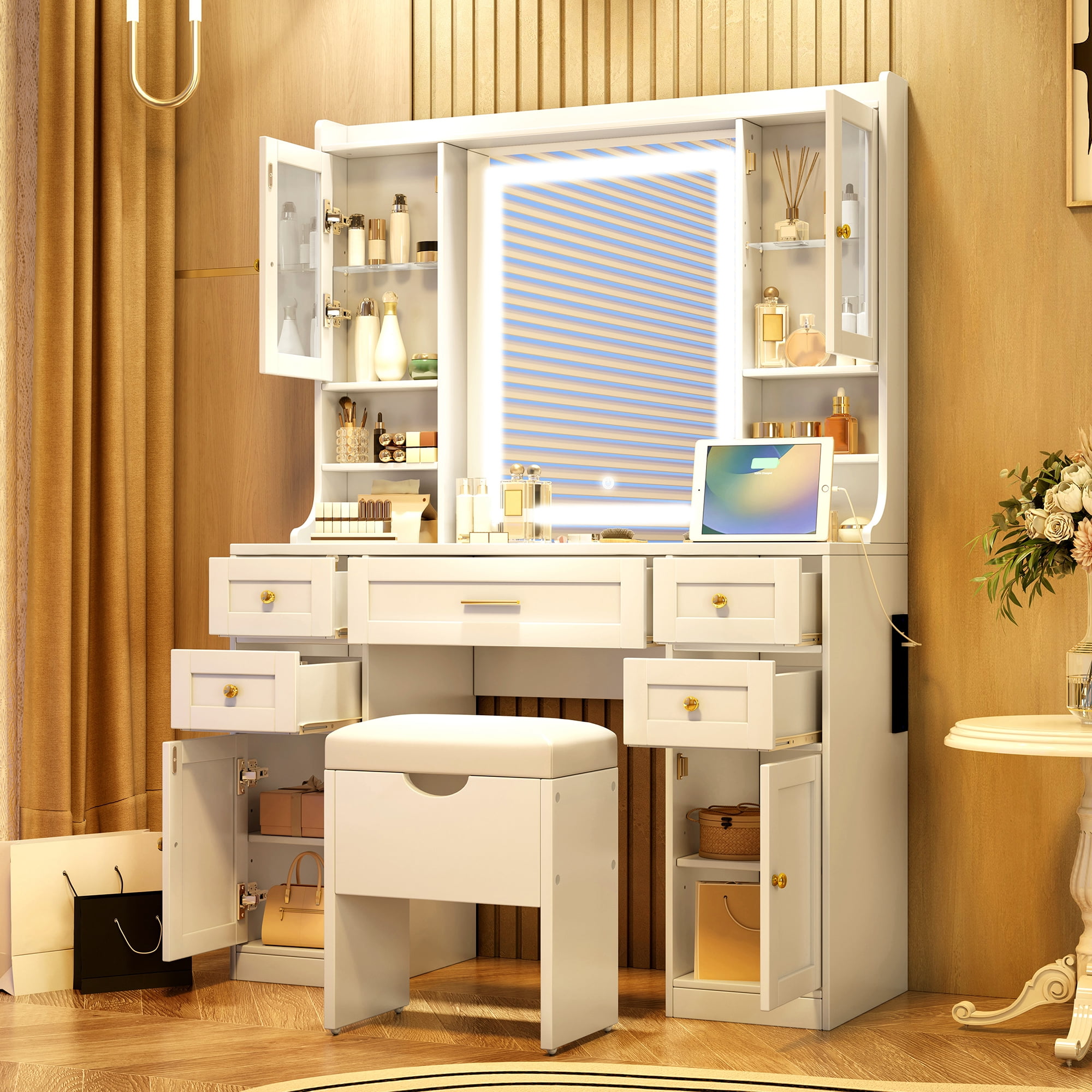 Euroco White Makeup Vanity with Lighted Mirror, 5 Drawers, 2 Cabinets and Charging Station, Vintage Style Dresser for Bedroom