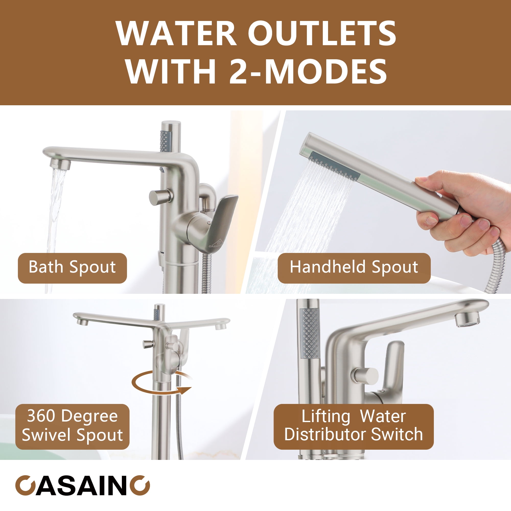 CASAINC Single-Handle Modern Floor Mount Freestanding Bathtub Faucet with Handheld Shower in Brushed Nickel