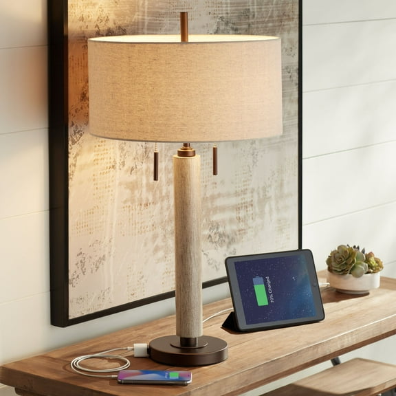 Franklin Iron Works Hugo Industrial Table Lamp 28 1/2" Tall Whitewashed Wood with USB Charging Port and Dimmer Oatmeal Fabric Shade for Bedroom House