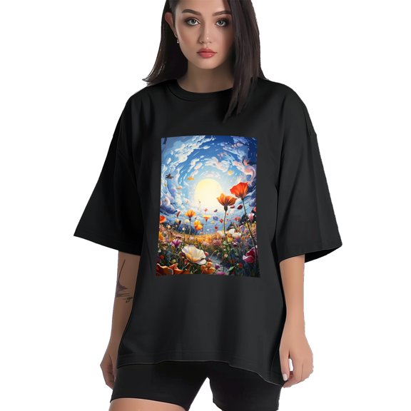 Plus Size Shirt for Women Black Tops for Women Short Sleeves Shirt for Women Colorful Flowers2 T Shirt Crewneck Shirt for Women XS