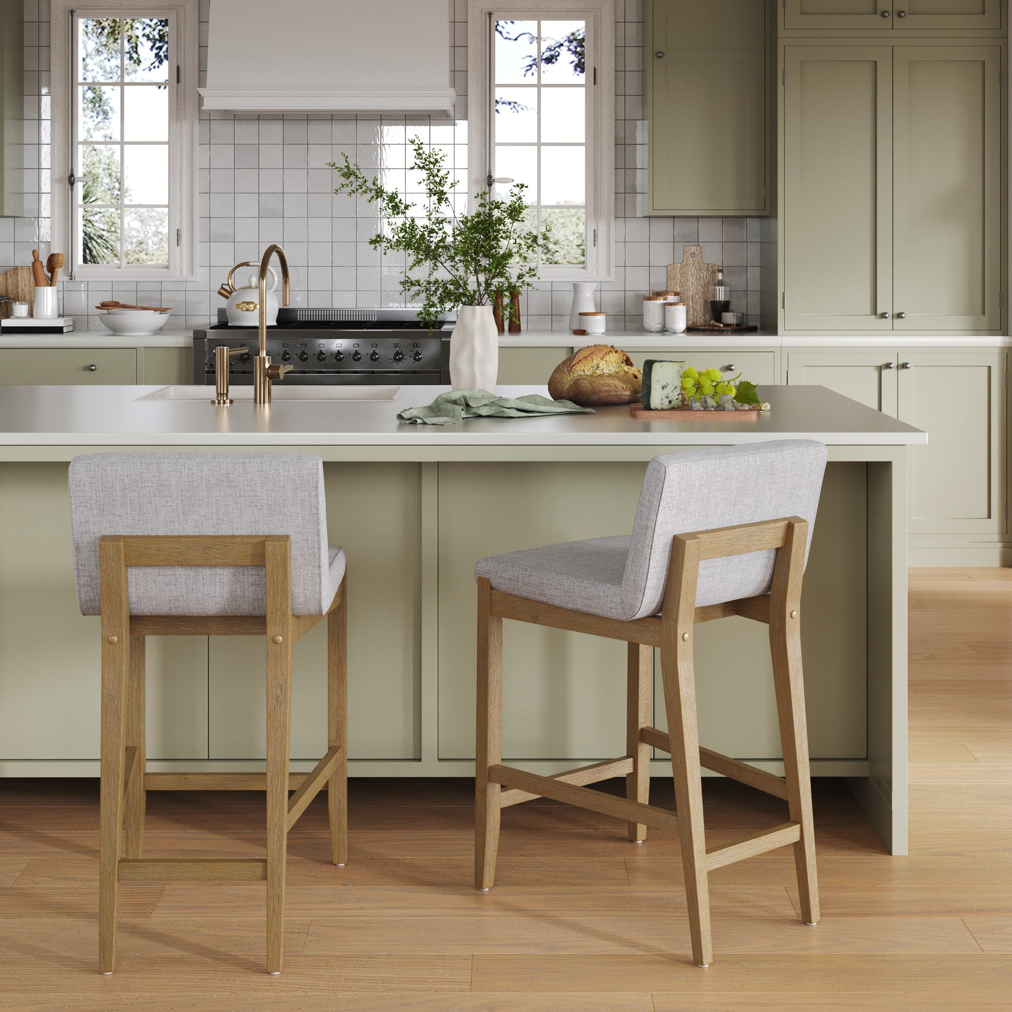 Nathan James Gracie Modern Bar Stool Counter Height Barstool with Back, Upholstered Kitchen Island Stool with Solid Wood Legs, Gray/Light Brown