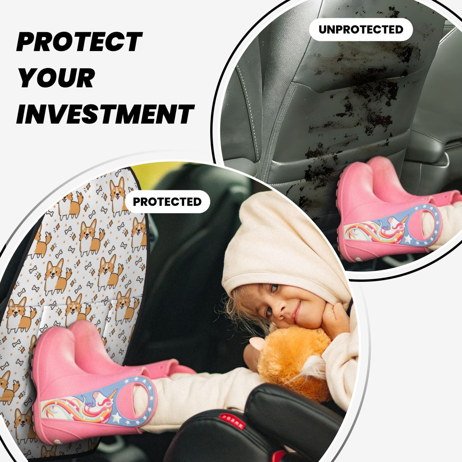 Xecao Corgi with Hearts Pattern Car Seat Back Protector 2 Pack Large Capacity Pocket, Kick Mats Back Seat Protector