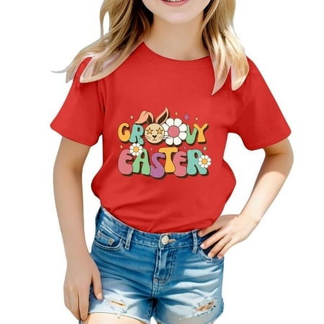FhsagQ T-Shirt Graphique Mignon de Pâques pour Filles, Col Rond, Manches Courtes, Été, Décontracté, Taille 9/10, Rouge, 3-4 Ans