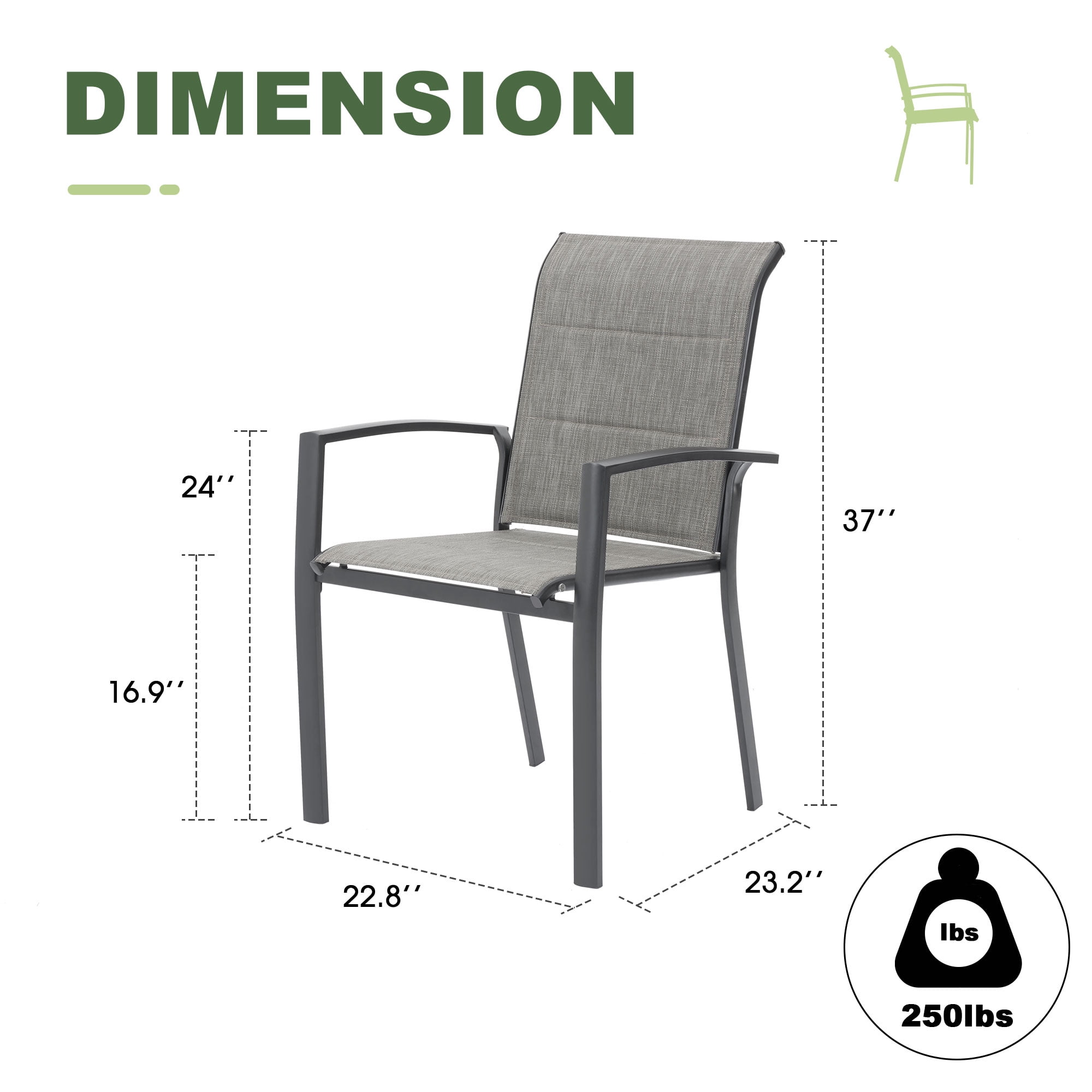 Vicllax Outdoor Patio Dining Chairs Stackable Padded Metal Frames with Textilene, Set of 6, Gray
