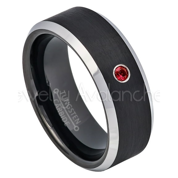 2-Tone Black Tungsten Wedding Band - 0.07ct Solitaire Garnet Ring - Personalized Tungsten Wedding Ring - Custom Made January Birthstone Ring TN667BS