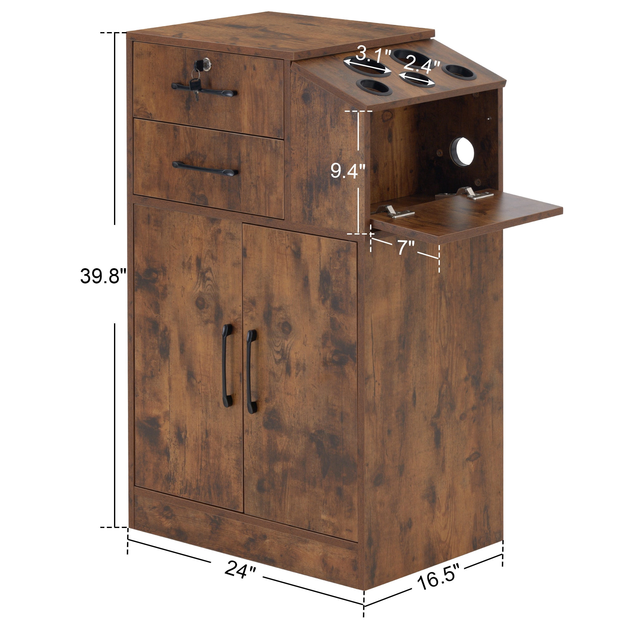 Beauty Spa Locking Storage Cabinets with Drawers, Hair Stylist Holders, Salon Styling Station for Hair Stylist, Brown