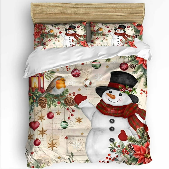 Christmas Snowman King Size Comforter Set, Xmas Poinsettia Birds Balls Rustic Soft Bedding for All Seasons, 4 Pcs Bed Set with 1Comforter (90"x106") ,1 Sheet(94"x116"), 2 Pillowcases (19"x35")
