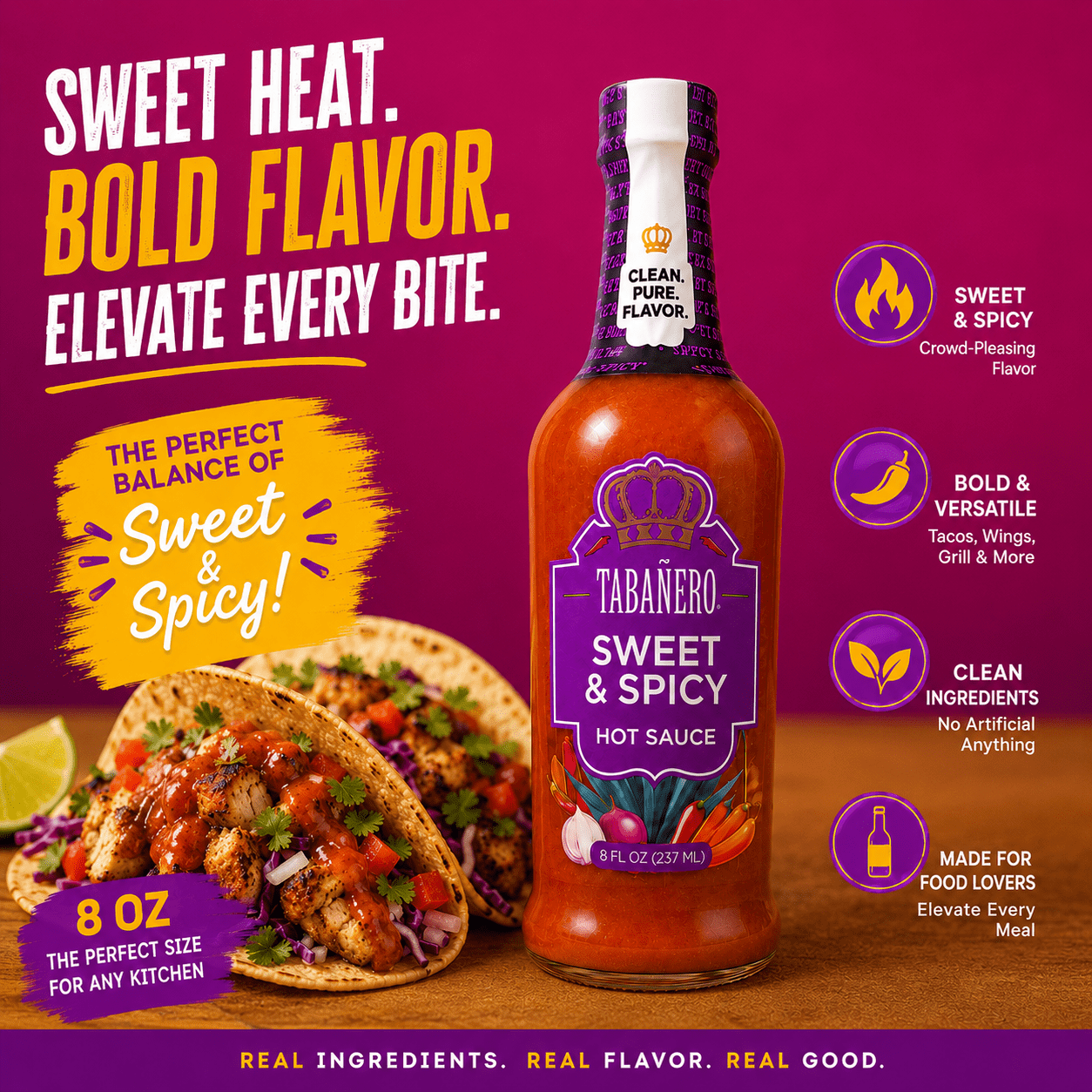 (2 pack) Tabanero Sweet and Spicy Agave Hot Sauce, Habanero, All Natural, 8 oz