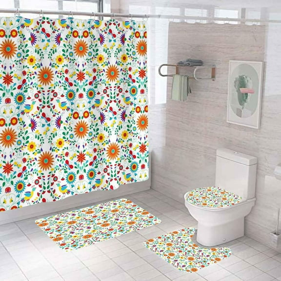 4PCS Hippie Floral Shower Curtain Sets with Rugs, Waterproof Fabric Shower Curtain, Groovy Boho Vintage Colorful Flower Bird Butterfly Plant Leaves Bohemian Abstract Aesthetic Bathroom Decor