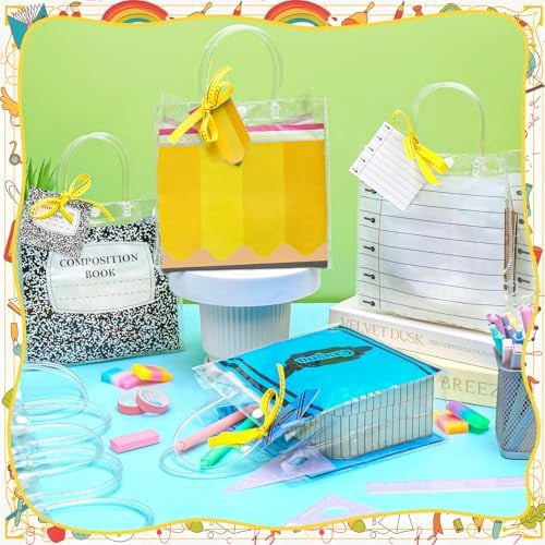 24 Pcs Teacher Appreciation Gift Bags, Teacher Gift Bags Bulk Double-Sided Clear PVC 4 Styles Gifts Bag with Handle Measuring Tape Ribbon Cards for Teachers Graduation End of Year Back to School Gif