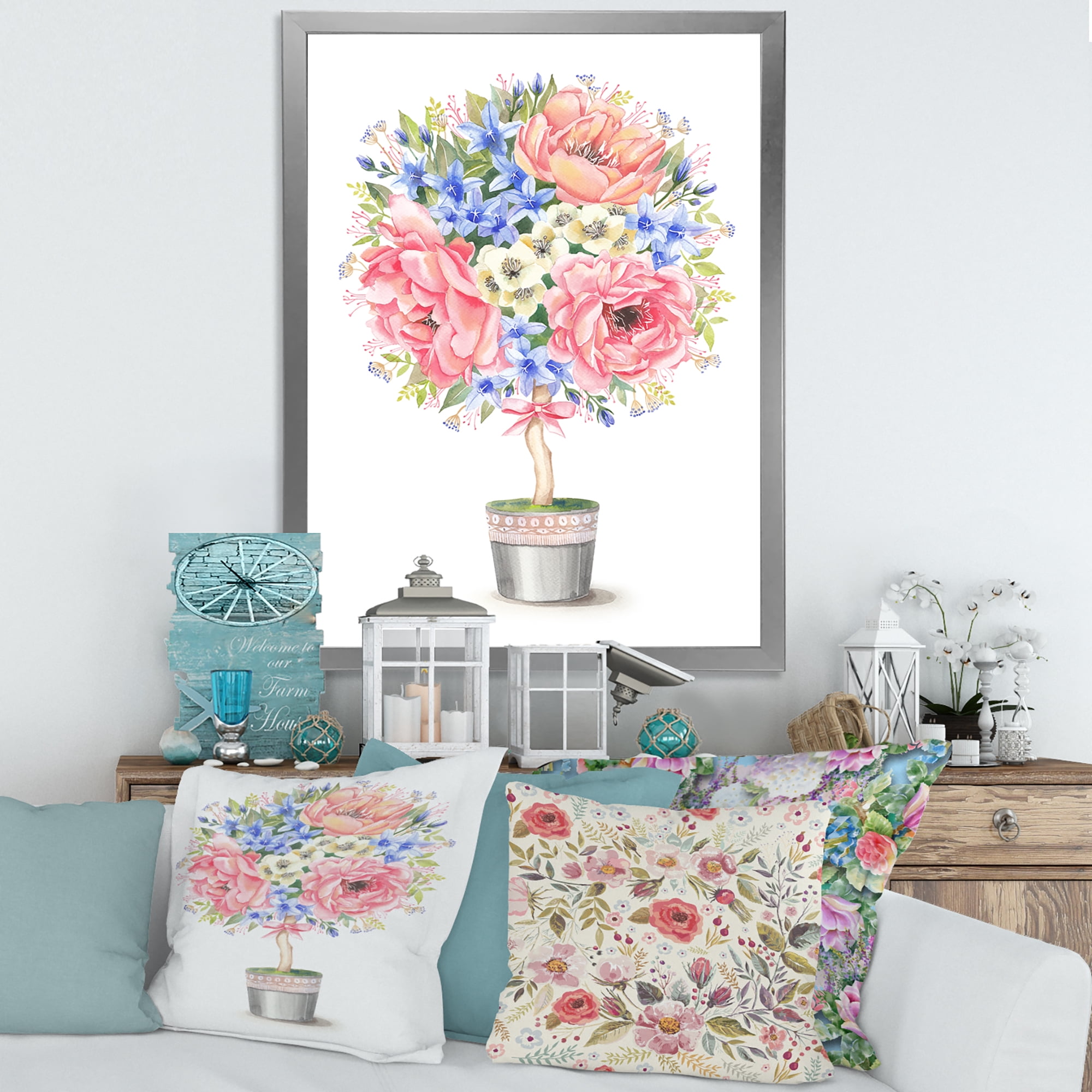 Designart 'A Bow With Flower Tree In A Pot' Farmhouse Framed Art Print