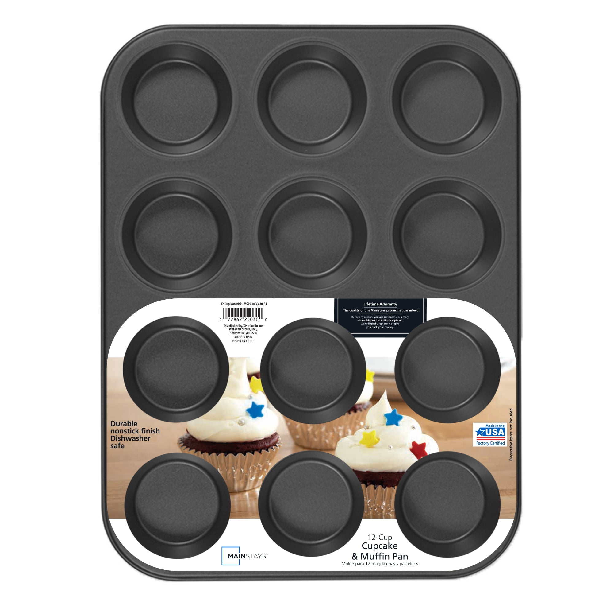 Mainstays 12 Cup Nonstick Muffin Pan, Cupcake Pan, 2.9 Diameter cup, Gray  