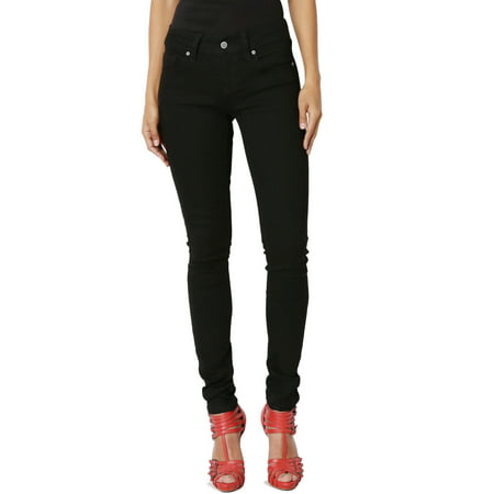 TheMogan Women's Basic Black Dye 5 Pocket Low Rise Stretch Skinny Jeans Black