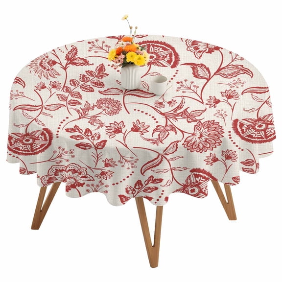 Farmhouse Red Floral Round Tablecloth 60 inches Linen Boho Flower Rustic Country Waterproof Oil-Proof Table Cloth Round Table Cover for Holiday Party Picnic Dinner Decor Indoor and Outdoor Use