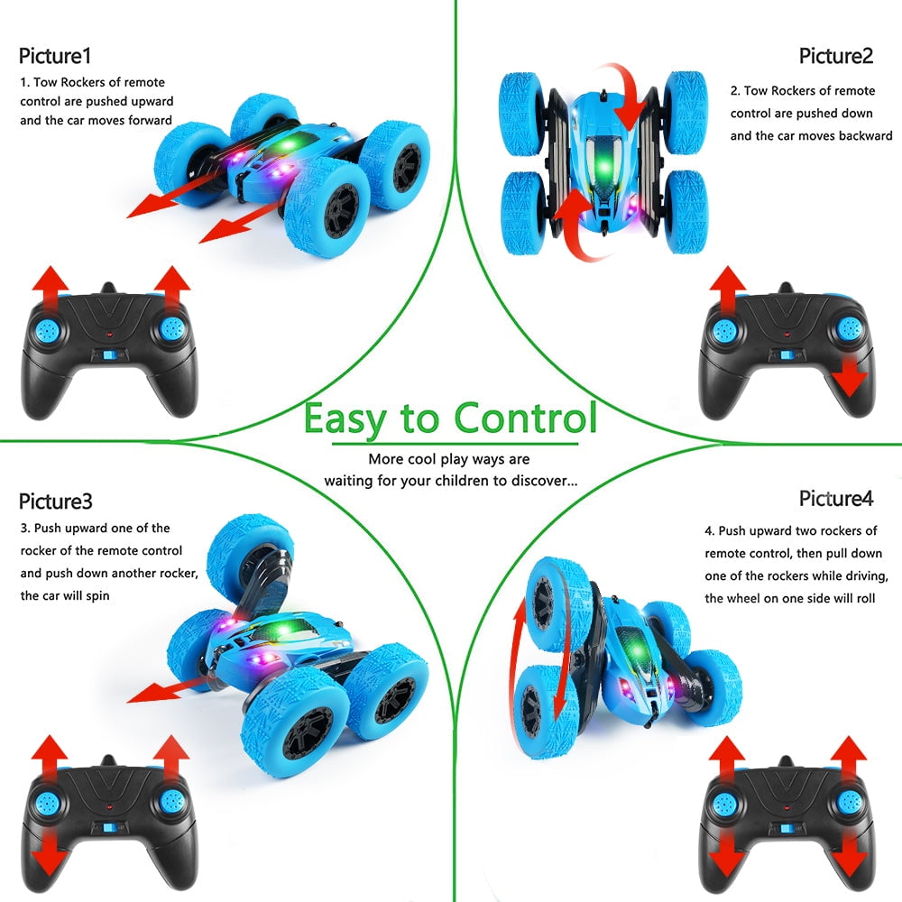 Remote Control Car Double Sided 360°Rotating 4WD RC Cars with Headlights 2.4GHz Rechargeable Toy Cars, Blue