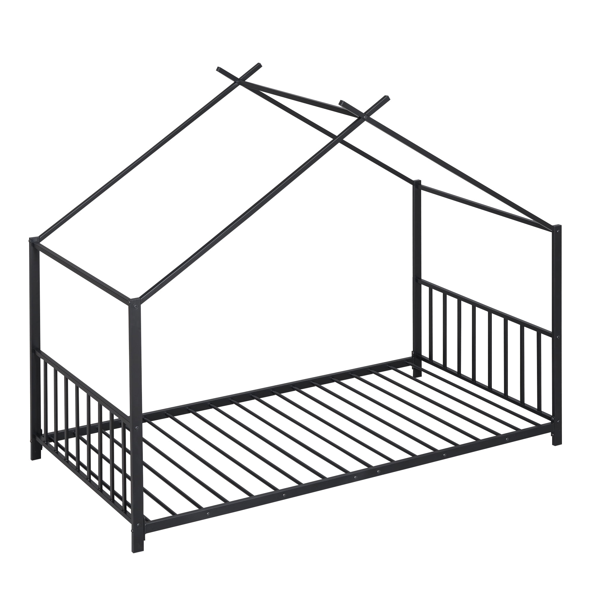 Yoneston Twin Size Kids Metal House Platform Bed Frame with Roof for Child, No Spring Needed, Black