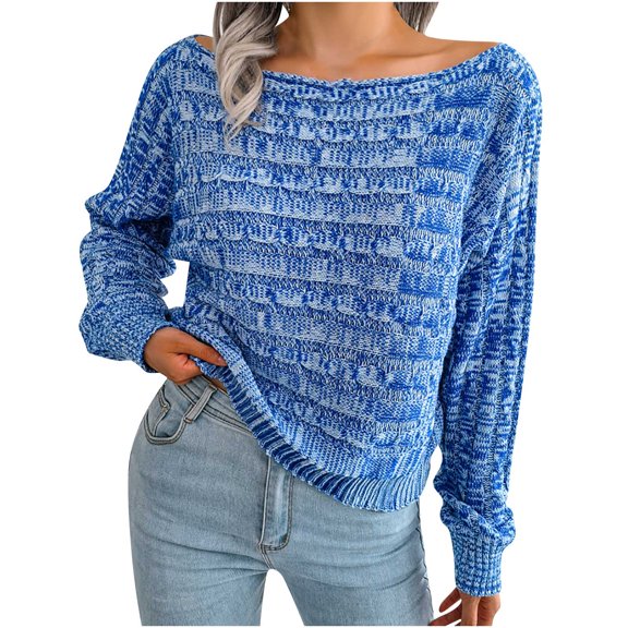 Fesfesfes Women Sweaters Casual Colorful Long Sleeve Pullover Tops Knit Sweater Wide Neck Sweater Plus Size Clearance $10