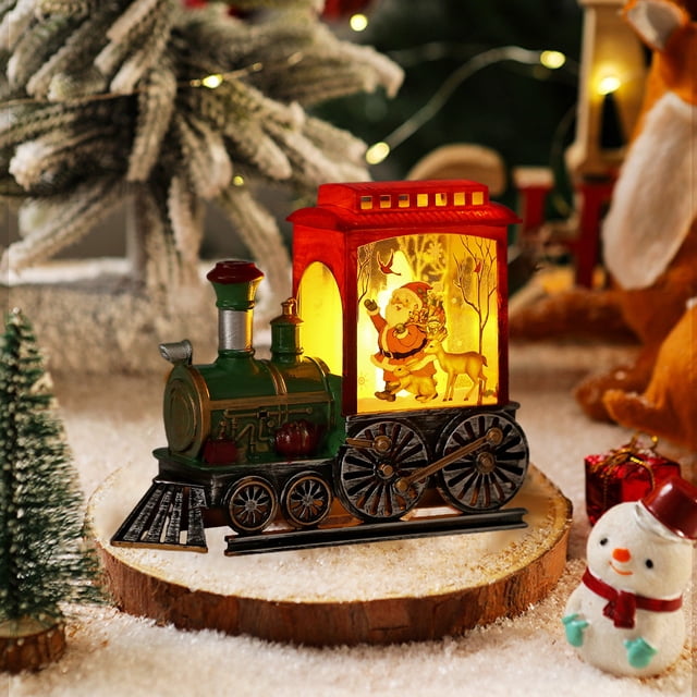Christmas Train LED Night Light Ornament Miniature Luminous Window Decor with Santa Claus Holiday Scene