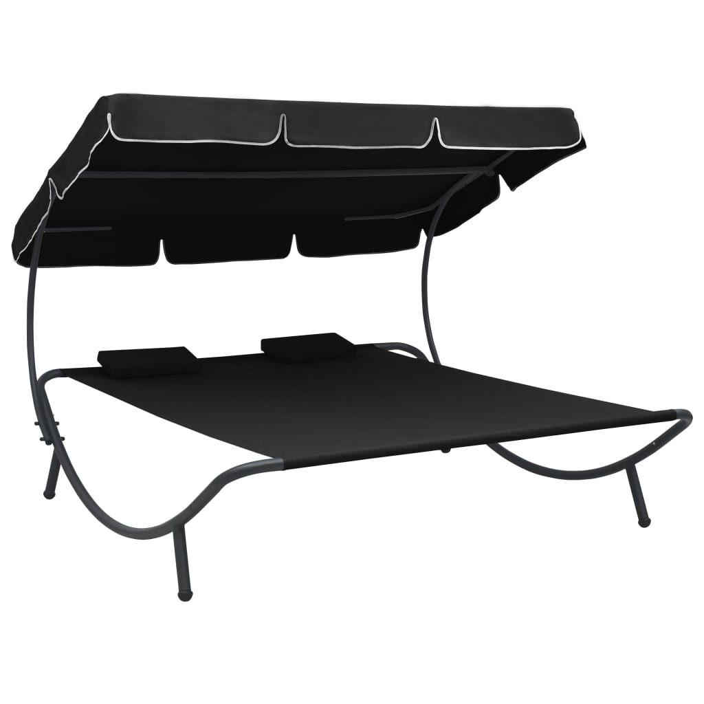 Patio Double Chaise Lounge Sun Bed with Canopy and Pillows,Outdoor Daybed Reclining Chair (Black) - image 1 of 7