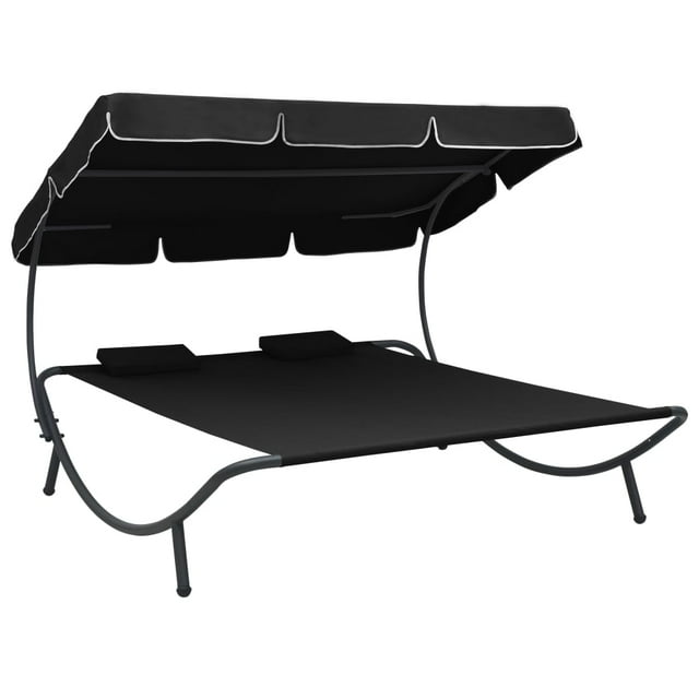 Patio Double Chaise Lounge Sun Bed with Canopy and Pillows,Outdoor Daybed Reclining Chair (Black)
