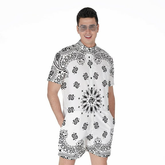 White Paisley Bandana Short Sleeve Men'S Rompers, Bandana Pattern Casual Summer Jumpsuits Outfit